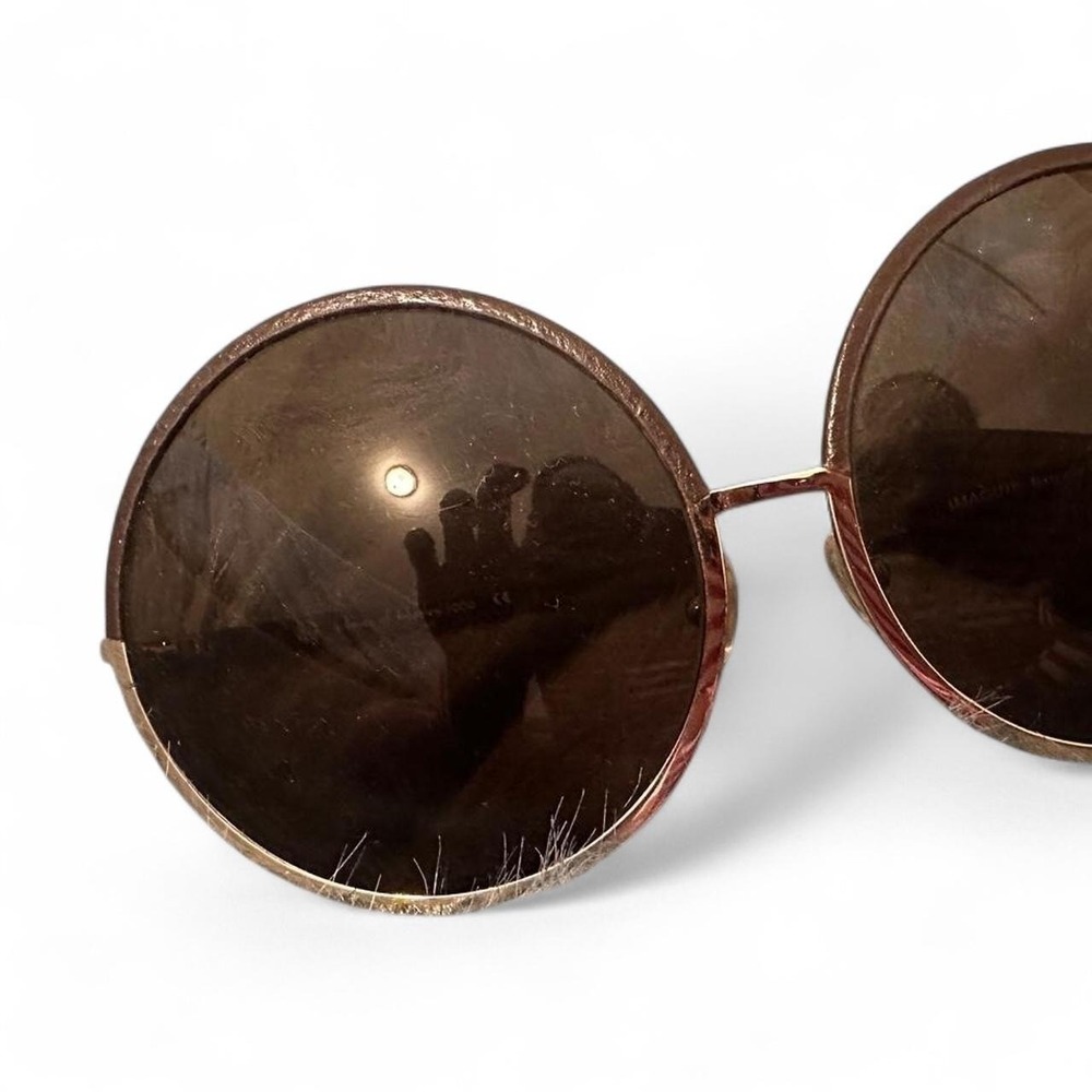 House of Harlow 1960 Oversized Round Sunglasses Brown Leather Gold Retro Boho - Picture 2 of 8